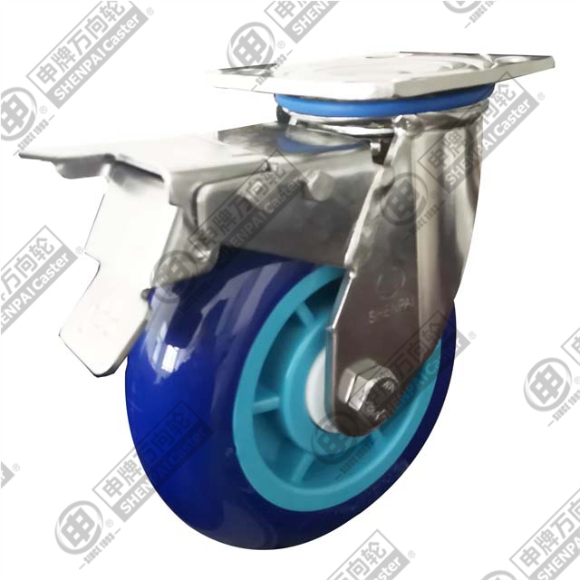 4" swivel with brake Stainless steel bracket Super PU Caster (Blue arc)